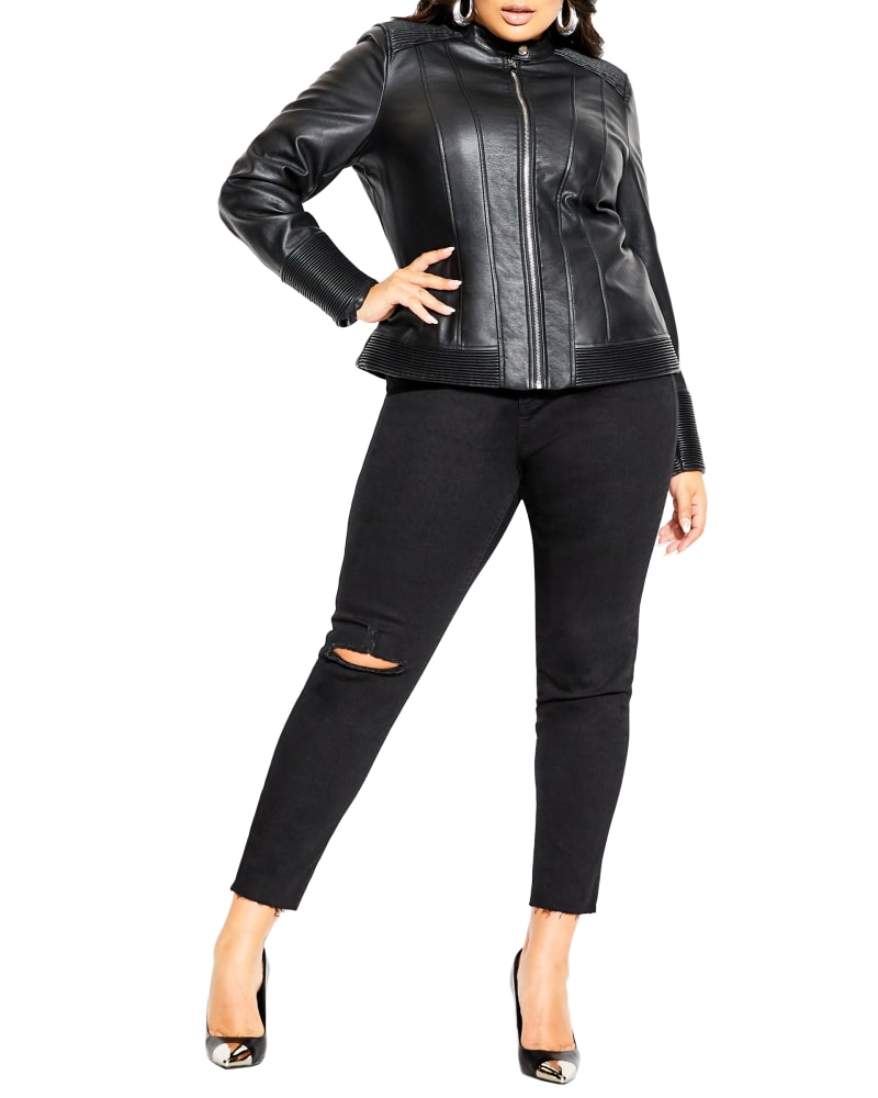 Front of a model wearing a size XXS Ayla Ribbed Biker Jacket in Black by City Chic. | dia_product_style_image_id:234347